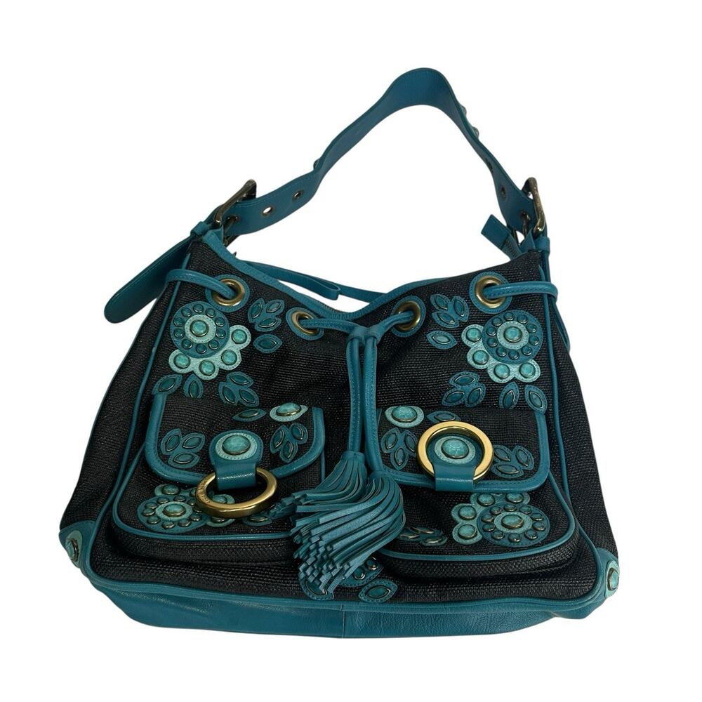 Isabella Fiore Teal and Black Floral Appliqué Shoulder Bag